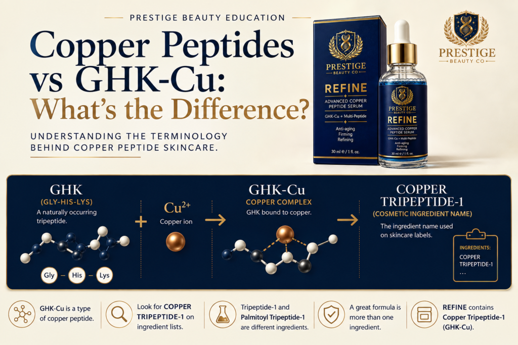 Copper peptides vs GHK-Cu explained, showing GHK, copper and Copper Tripeptide-1 alongside Prestige Beauty REFINE serum.